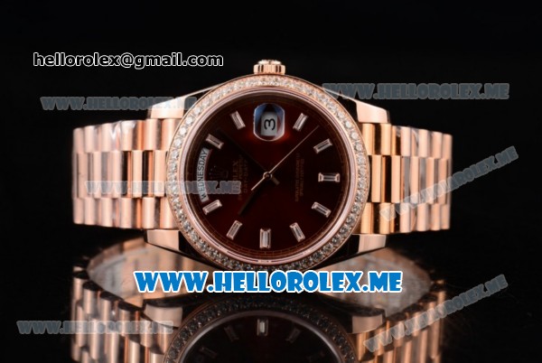 Rolex Day-Date Swiss ETA 2836 Automatic Rose Gold Case/Bracelet with Brown Dial and Stick Markers Diamonds Bezel (BP) - Click Image to Close